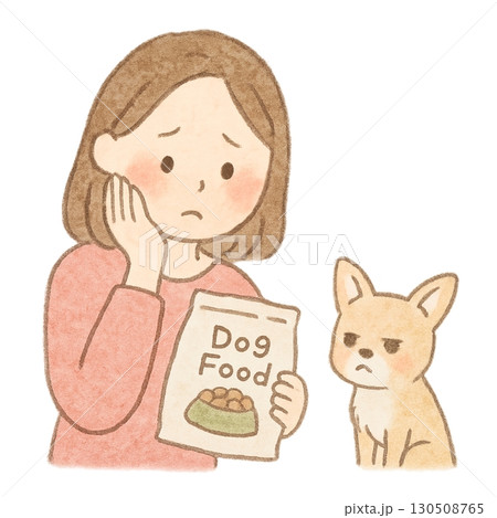 ドッグフードを嫌がるチワワと困った飼い主のイラスト 130508765