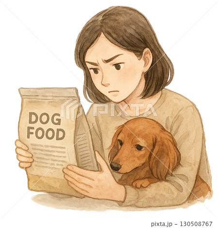 ドッグフードの成分を真剣に確認する女性とダックスフンドのイラスト 130508767