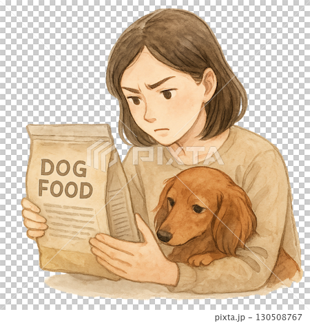 Illustration of a woman and her dachshund seriously checking the ingredients of dog food 130508767