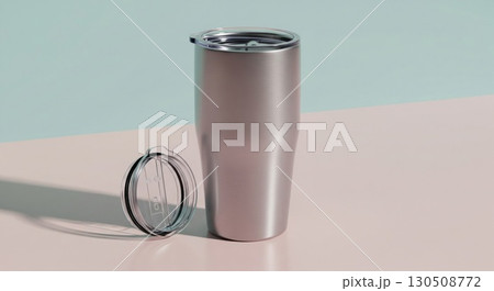 Metal Insulated Tumbler on Pink Surface with Turquoise Background Studio Shot 130508772
