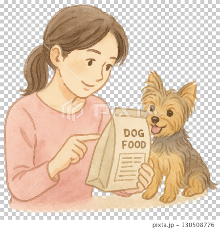 一位女士和一隻約克夏犬正在檢查一袋狗糧的插圖 一位女士和一隻約克夏犬正在檢查一袋狗糧的插圖 130508776