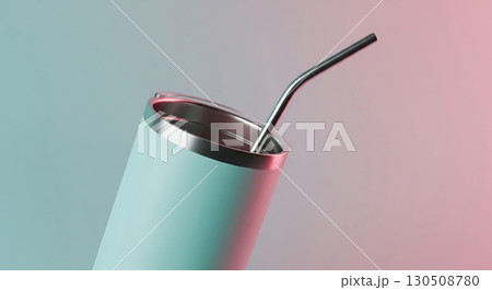 Studio Shot of Light Blue Insulated Tumbler with Metal Straw on Gradient Background Studio Shot of Light Blue Insulated Tumbler with Metal Straw on Gradient Background 130508780