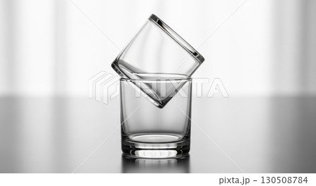 Two Empty Square Glass Shot Glasses Stacked on Top of Each Other Two Empty Square Glass Shot Glasses Stacked on Top of Each Other 130508784