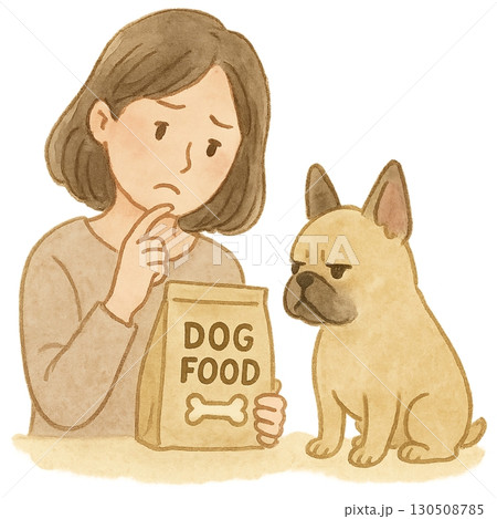 ドッグフードを嫌がるフレンチブルドッグと悩む飼い主のイラスト 130508785