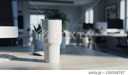 White Tumbler Mockup on Desk in Modern Office Setting with Natural Lighting 130508787