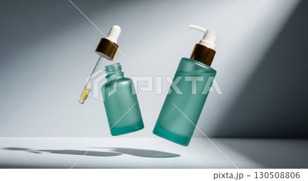 Turquoise Cosmetic Bottles Floating with Golden Accents on a Light Gray Gradient Background 130508806