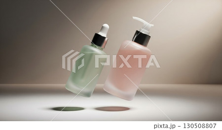 Elegant Cosmetic Bottles in Pastel Green and Pink Hues on Soft Beige Background 130508807