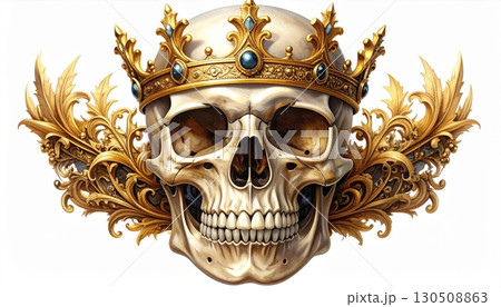 Detailed Skull with Golden Crown and Ornate Wings on White Background Illustration 130508863