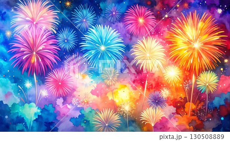 Bright Fireworks Exploding Against a Colorful Watercolor Sky Background 130508889