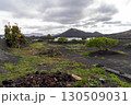 A serene view in Lanzarote featuring volcanic landscape, with houses nestled amongst dark terrain, under a cloudy sky. 130509031