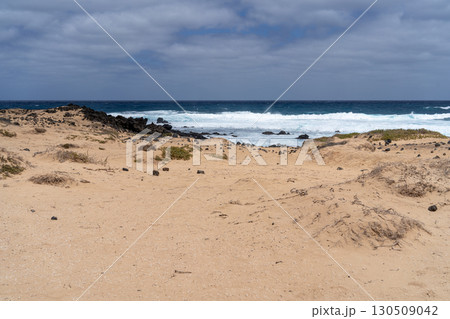 A serene beach scene with sandy dunes, volcanic rocks, and the vast ocean under a cloudy sky, capturing the beauty of La Graciosa. 130509042