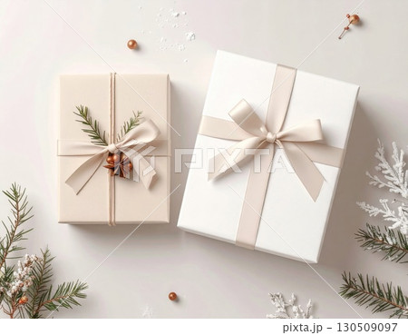 Elegant Beige and White Gift Boxes Decorated with Ribbons and Pine on a White Table 130509097