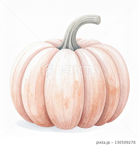 Watercolor Light Peach Pumpkin with Gray Stem on White Background 130509278
