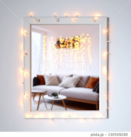 Indoor Rectangular White Frame Mirror with Christmas Lights and Reflected Living Room 130509280