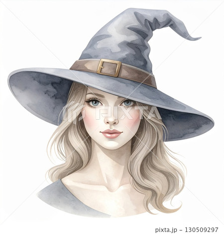 Watercolor Portrait of Blonde Woman Wearing Gray Witch Hat with Buckle Watercolor Portrait of Blonde Woman Wearing Gray Witch Hat with Buckle 130509297