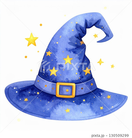 Watercolor Blue Wizard Hat with Yellow Stars Decoration Isolated on White Watercolor Blue Wizard Hat with Yellow Stars Decoration Isolated on White 130509299