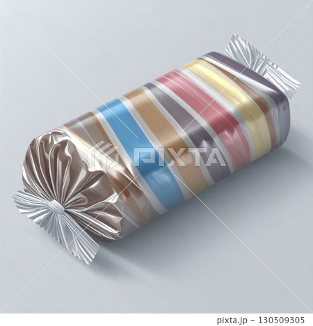 Wrapped Candy Bar with Silver Foil and Pastel Colored Stripes on Table Wrapped Candy Bar with Silver Foil and Pastel Colored Stripes on Table 130509305