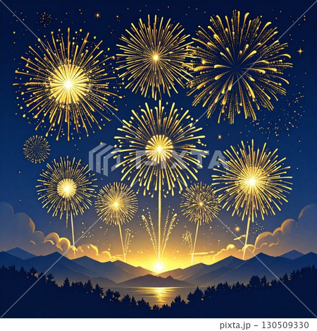 Golden Fireworks Exploding over Dark Blue Night Sky above Forest Landscape at Dusk 130509330