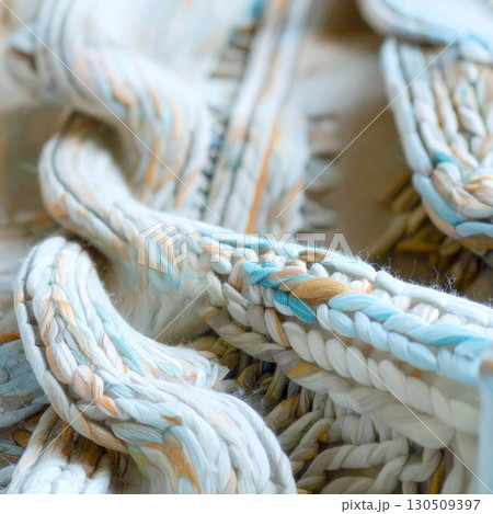 Detailed Abstract White and Light Blue Twisted Braided Textile Close Up Detailed Abstract White and Light Blue Twisted Braided Textile Close Up 130509397