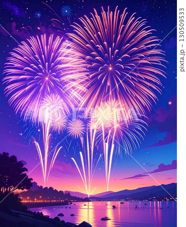 Vibrant Fireworks Exploding Over Calm Waters at Dusk with Coastal Silhouette and Twilight Sky 130509533