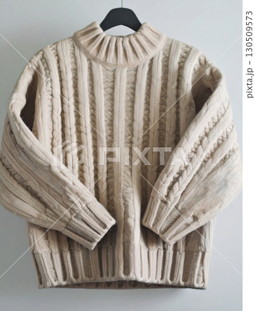 Cream Cable Knit Wool Sweater on Hanger Against Grey Wall with Neutral Tone 130509573