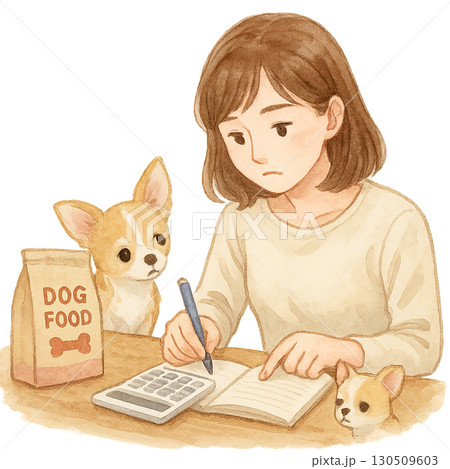 ドッグフードの費用を計算する女性とチワワのイラスト 130509603