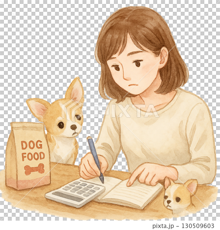 ドッグフードの費用を計算する女性とチワワのイラスト 130509603