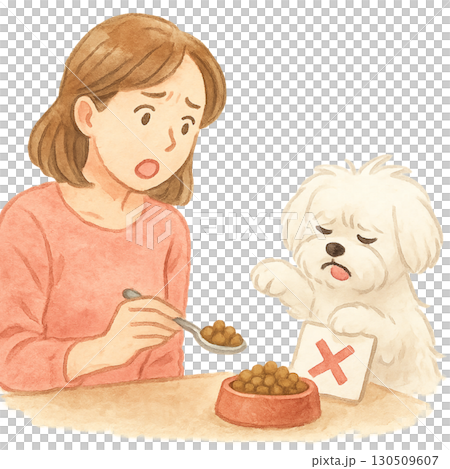 一隻不喜歡吃狗糧的狗和一個麻煩的主人的插圖 一隻不喜歡吃狗糧的狗和一個麻煩的主人的插圖 130509607