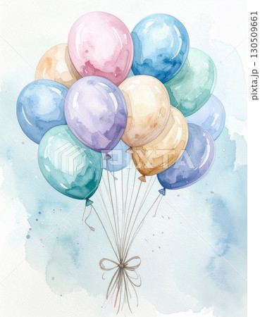 Watercolor Balloons Illustration with Pink Blue Purple and Yellow Tones on Light Background Watercolor Balloons Illustration with Pink Blue Purple and Yellow Tones on Light Background 130509661