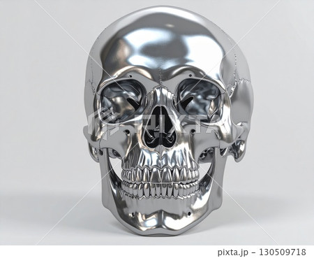 Metallic Silver Skull with Detailed Anatomy on White Backdrop for Medical Education 130509718