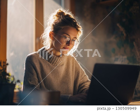 A woman with a bun glasses and sweater works on her laptop by a sunlit window 130509949
