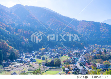 【秋素材】錦秋の白川郷・展望台から見える風景【岐阜県】 130509977