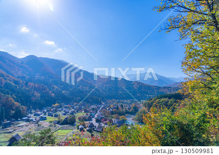 【秋素材】錦秋の白川郷・展望台から見える風景【岐阜県】 130509981