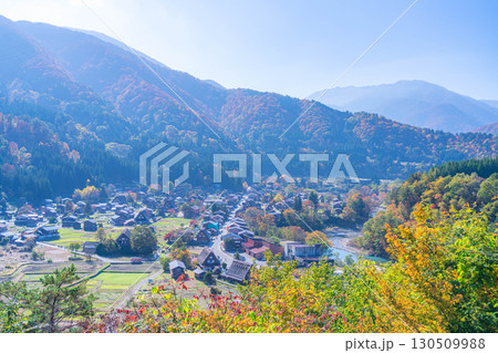 【秋素材】錦秋の白川郷・展望台から見える風景【岐阜県】 【秋素材】錦秋の白川郷・展望台から見える風景【岐阜県】 130509988