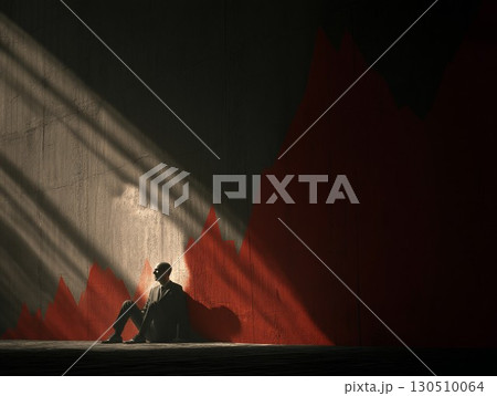 A man sits defeated by a red graph of market decline on the wall 130510064