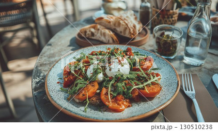 A delightful toast dish featuring mozzarella juicy tomatoes and fresh greens presented beautifully 130510238