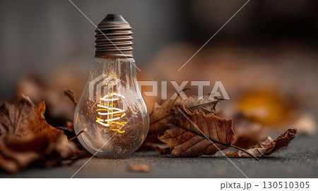 The glowing light bulb offers a warm glow among fallen autumn leaves on dark ground 130510305
