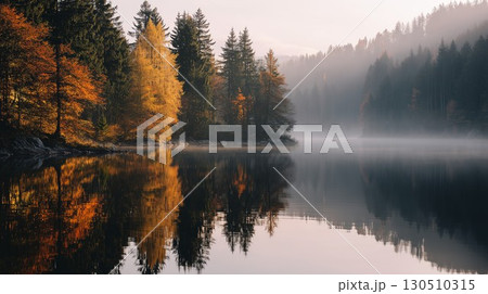 Autumn trees line a still lake as mist rises and vivid colors reflect 130510315
