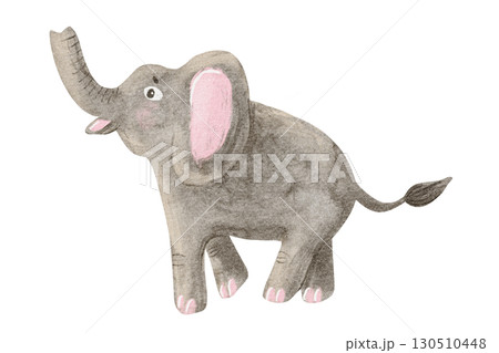 Watercolor elephant kids drawing illustration isolated on white. African savannah animal trumpets and smiling. Cute child painting for nursery designs 130510448