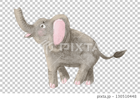 Watercolor elephant kids drawing illustration isolated on white. African savannah animal trumpets and smiling. Cute child painting for nursery designs 130510448