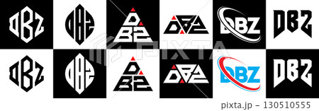DBZ letter logo design in six style. DBZ polygon, circle, triangle, hexagon, flat and simple style with black and white color variation letter logo set in one artboard. DBZ minimalist and classic logo 130510555