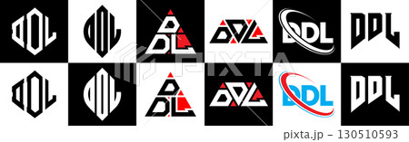 DDL letter logo design in six style. DDL polygon, circle, triangle, hexagon, flat and simple style with black and white color variation letter logo set in one artboard. DDL minimalist and classic logo 130510593