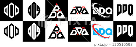 DDQ letter logo design in six style. DDQ polygon, circle, triangle, hexagon, flat and simple style with black and white color variation letter logo set in one artboard. DDQ minimalist and classic logo 130510598