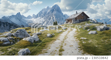 Mountain Landscape Alpine Cabin Hiking Trail Majestic Peaks Scenic Vista Nature Photography 130510642