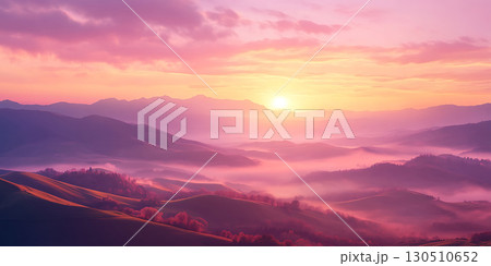 Pink Sunrise Misty Mountain Panorama  Scenic Landscape Photography 130510652