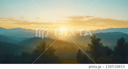 Golden Hour Landscape Sunrise Over Misty Hills and Valleys 130510653