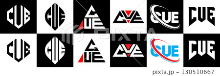 CUE letter logo design in six style. CUE polygon, circle, triangle, hexagon, flat and simple style with black and white color variation letter logo set in one artboard. CUE minimalist and classic logo 130510667