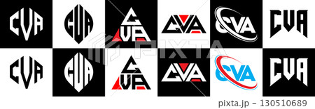 CVA letter logo design in six style. CVA polygon, circle, triangle, hexagon, flat and simple style with black and white color variation letter logo set in one artboard. CVA minimalist and classic logo 130510689