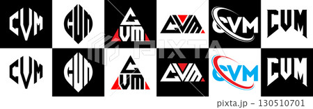 CVM letter logo design in six style. CVM polygon, circle, triangle, hexagon, flat and simple style with black and white color variation letter logo set in one artboard. CVM minimalist and classic logo 130510701