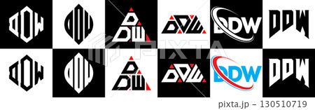 DDW letter logo design in six style. DDW polygon, circle, triangle, hexagon, flat and simple style with black and white color variation letter logo set in one artboard. DDW minimalist and classic logo 130510719